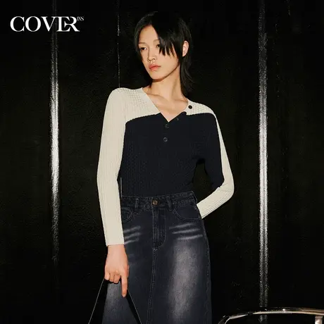 COVER2023秋季斜肩提花工艺曲珠毛针织衫商品大图