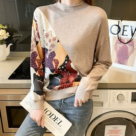 韩潮袭人设计感拼接半高领针织衫宽松休闲套头长袖上衣图片