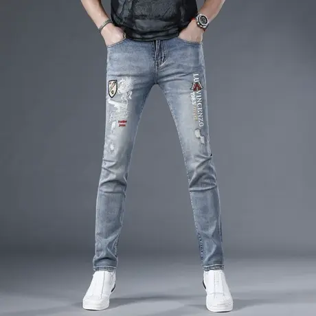 2024新款复古刺绣牛仔裤男款修身小脚破洞补丁潮流韩版弹力男裤子商品大图