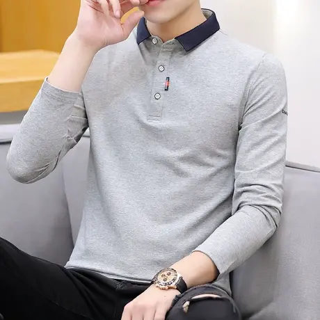 男士短袖纯色POLO衫休闲简约体恤修身针织纯棉长袖t恤翻领打底衫商品大图