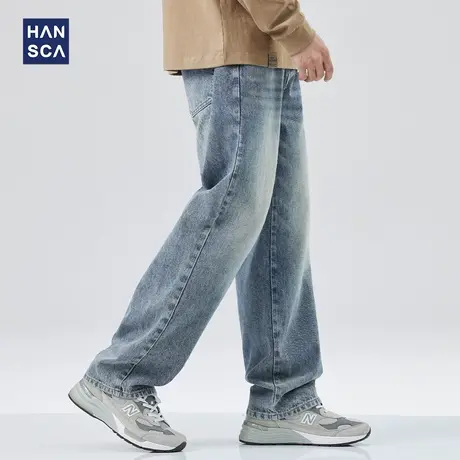 hansca阔腿牛仔裤男直筒宽松春季新款潮牌休闲美式复古水洗长裤子商品大图