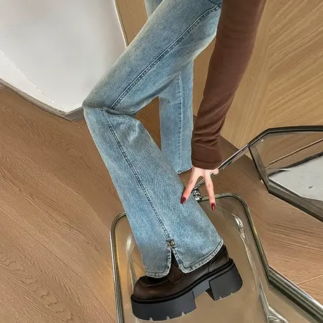 高腰喇叭裤春季女2024年新款浅色设计感开叉提臀马蹄微喇牛仔裤子商品大图
