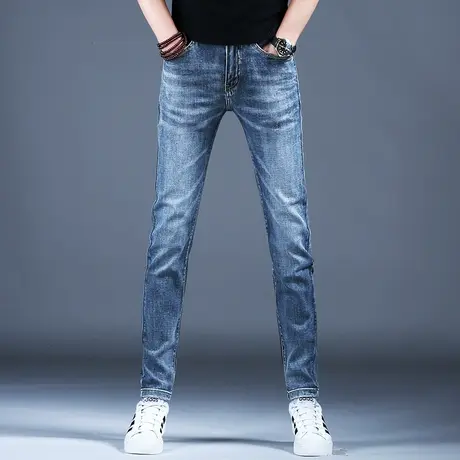 2024春季男士牛仔裤子简约浅蓝色修身精致小脚裤棉弹美式男潮牌裤图片