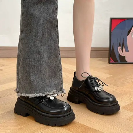 黑色厚底小皮鞋女2024春季新款百搭英伦风系带单鞋配裙子乐福鞋子商品大图