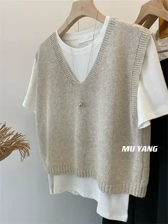 叠穿灵感！2024春季新款韩国v领套头抗起球针织背心百搭套头上衣商品大图