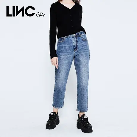 LINC金羽杰2021年春新款复古高腰弹力直筒长裤牛仔裤女2012129商品大图