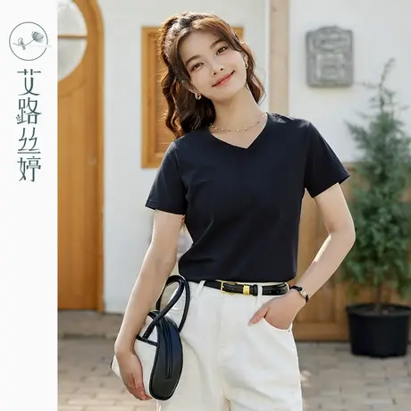 艾路丝婷2024夏季黑色半袖体恤纯色V领修身短袖T恤商品大图