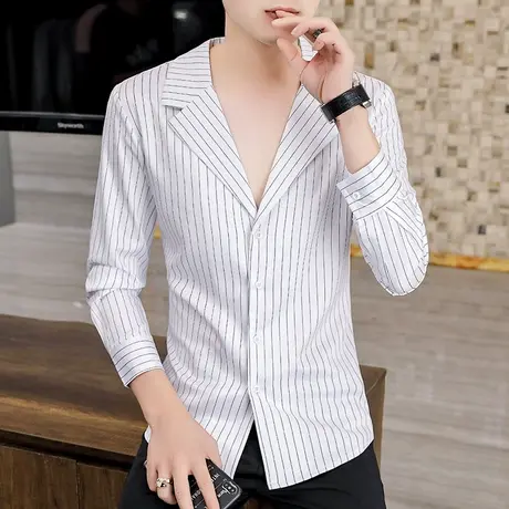男士长袖衬衫秋季潮流设计感西装领帅气休闲上衣秋装个性条纹衬衣商品大图