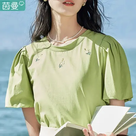 茵曼官方旗舰店短袖T恤女2024夏季新款显瘦泡泡袖上衣体桖奶系图片