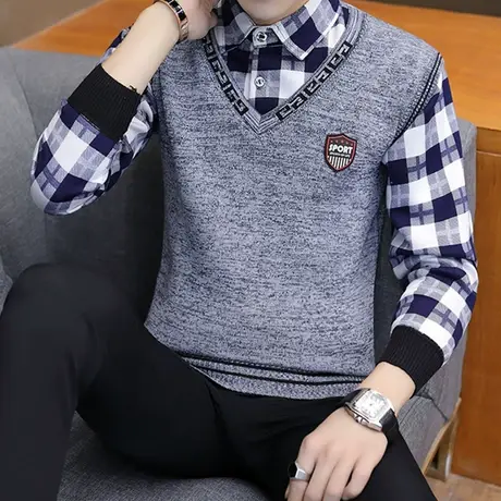 秋季长袖t恤男士假两件潮流卫衣帅气秋衣加绒保暖秋装带领上衣服商品大图