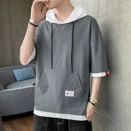 短袖t恤男士夏季国潮牌假两件冰丝半袖体恤打底衫男装春季上衣服商品大图