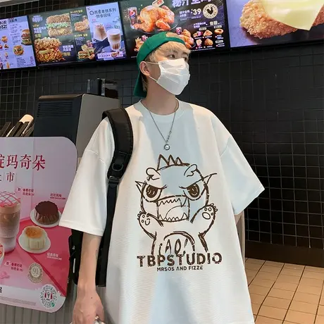 华夫格圆领短袖t恤男ins夏季宽松薄款休闲半袖卡通情侣款潮牌上衣商品大图