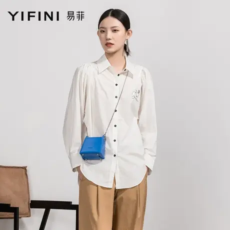 Yifini/易菲纯棉宽松中长款衬衫女秋新长袖白色衬衣女士上衣商品大图