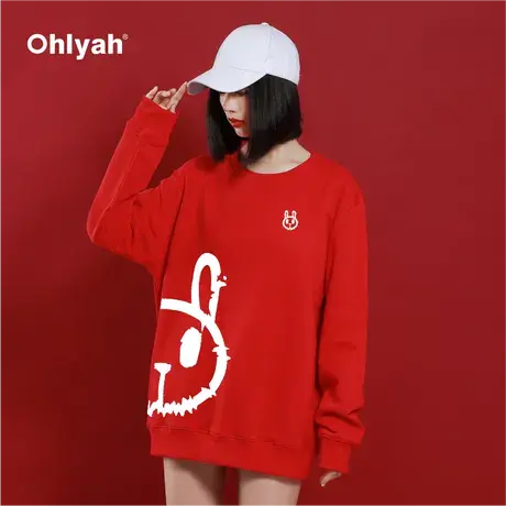 Ohlyah兔年本命年情侣装秋冬款卫衣2023卡通兔子红色新年圆领衣服商品大图