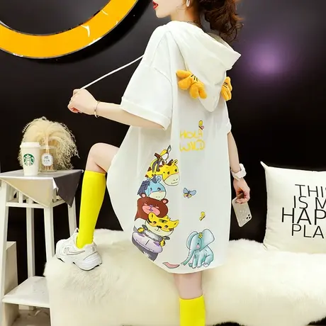 韩版卡通连帽短袖t恤女宽松中长款2023新款夏季欧货大版半袖上衣商品大图