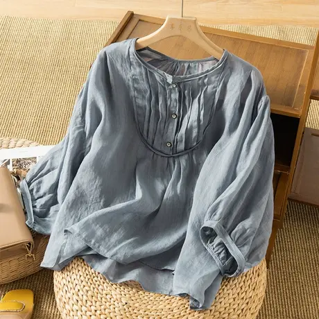 享永子七分袖苎麻衬衫女文艺复古琴褶法式上衣女宽松显瘦2023新款图片
