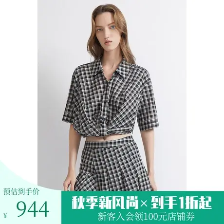 恩裳商场同款夏季醋酸棉舒适亲肤时尚黑白格纹短款衬衫女图片