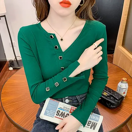 2023春装新款性感V领T恤女长袖修身百搭气质小衫设计感不规则上衣商品大图