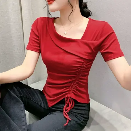 欧货设计感抽绳短袖T恤女装高腰紧身上衣洋气百搭小衫不规则丅恤商品大图