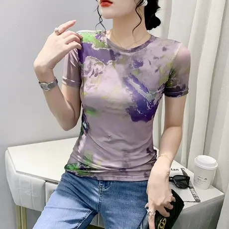 2023夏装新款时尚网纱T恤女短袖ins扎染印花上衣洋气圆领小衫半袖商品大图