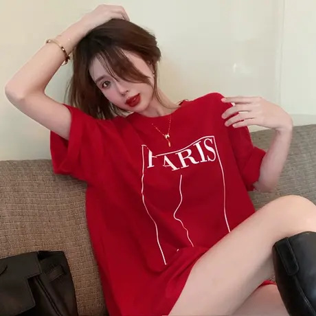 红色短袖T恤女2023年新款本命年时尚女装中长款上衣宽松纯棉体恤商品大图