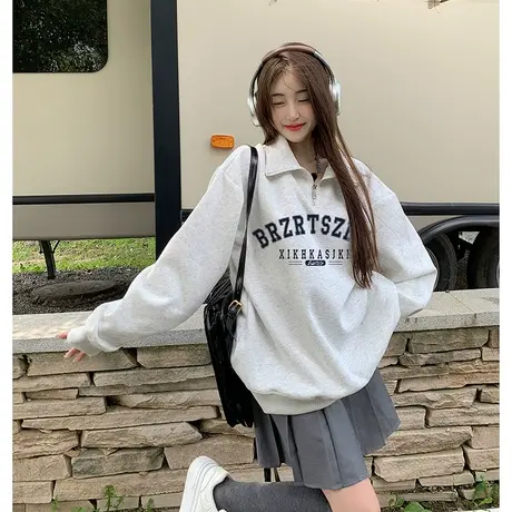 纯棉polo领卫衣女2023新款爆款春秋季美式复古半拉链翻领薄款外套商品大图