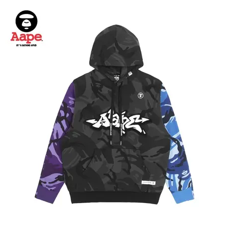 Aape旗舰店男装秋冬三色迷彩拼接宽松版薄绒抽绳连帽卫衣3944XBJ商品大图