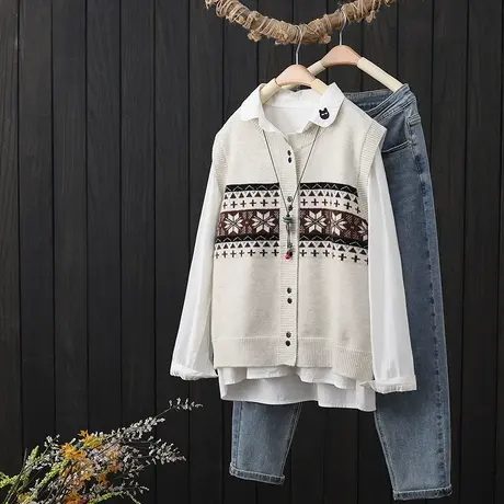 复古提花马甲针织背心女春季2023年新款宽松无袖圆领坎肩外穿马夹商品大图