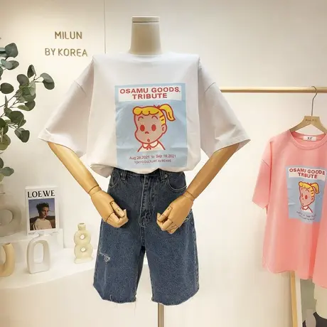2021夏季港味休闲短袖韩国东大门ins卡通印花宽松T恤学生上衣大码商品大图