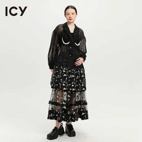 icy2023春季新款复古珍珠链条灯笼袖透视网纱西装翻领外套女图片