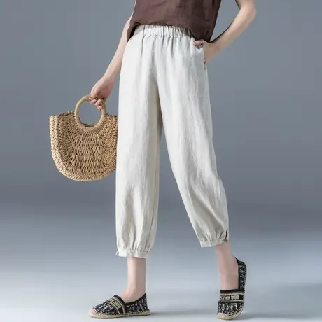 亚麻七分裤女夏薄款2023新款灯笼裤夏季休闲女裤宽松八分棉麻裤子图片