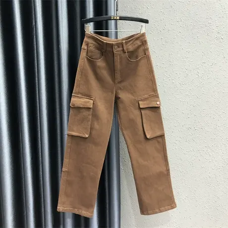 咖啡色工装口袋牛仔长裤女2023秋季新款高腰显瘦百搭阔腿直筒裤潮商品大图