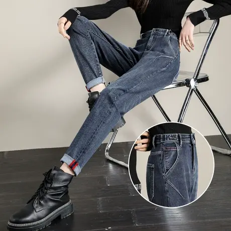 牛仔裤女秋冬直筒2023年新款春装显瘦高腰哈伦萝卜老爹加绒裤子女图片