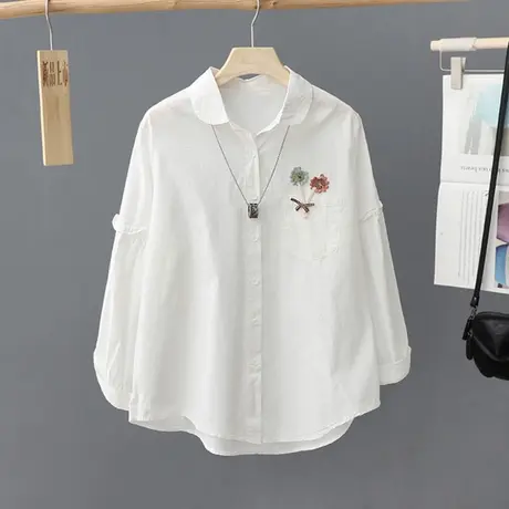 春装新款简约白衬衫女3D提花装饰纯棉长袖衬衣百搭上衣打底衫女装图片