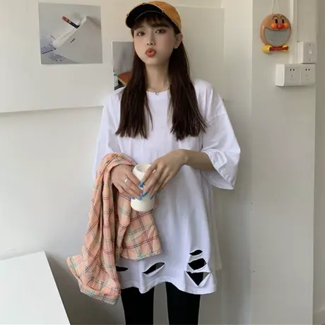 网红破洞短袖t恤女2020年夏季韩版宽松原宿风半袖ins超火上衣服潮商品大图