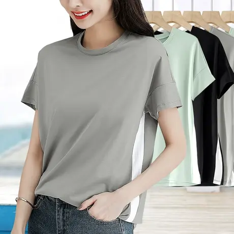 2023夏季新款t恤女圆领灰色拼接短袖休闲百搭体恤宽松显瘦上衣薄图片