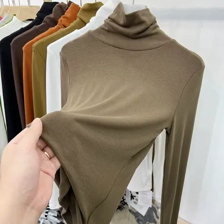 欧货柔软高领堆堆领长袖T恤女2022秋冬新款纯色内搭打底衫上衣潮商品大图