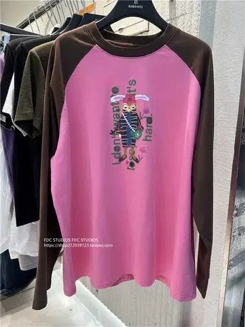 春季美式宽松减龄卡通印花百搭插肩袖圆领粉色长袖T恤女洋气上衣商品大图