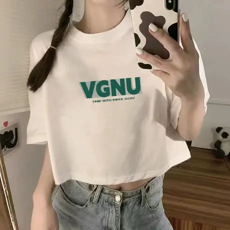 设计感圆领白色短袖t恤女2023夏季新款小众别致纯欲甜辣短款上衣商品大图