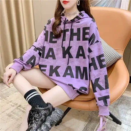 秋装中长款字母连帽卫衣女秋季2023新款韩版宽松洋气长袖上衣外套图片