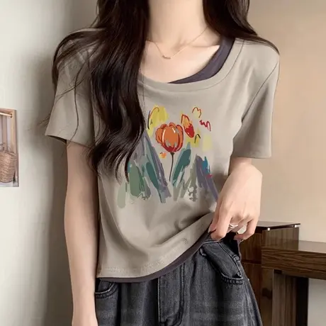 假两件短款半袖T恤女夏季韩版修身显瘦设计感小众纯棉上衣短袖潮商品大图