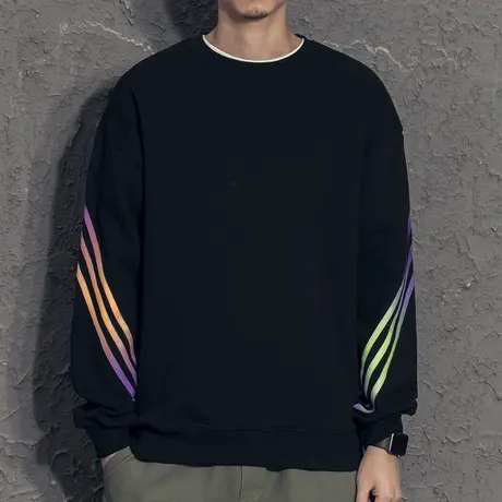 奕飏彩色条纹织带港风潮流加绒卫衣男士秋冬韩版帅气圆领秋装外套商品大图