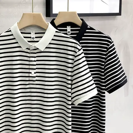 丝光棉短袖t恤男士夏季新款高端条纹带领保罗polo衫夏装薄款体恤T商品大图
