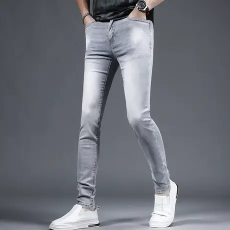 夏季冰丝浅灰色牛仔裤男款修身小脚2023新款高端弹力百搭休闲男裤商品大图