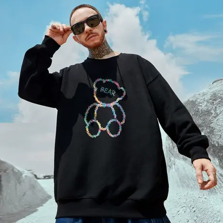 国潮oversize小熊圆领加绒卫衣男潮牌ins大码男装秋冬季情侣无帽商品大图