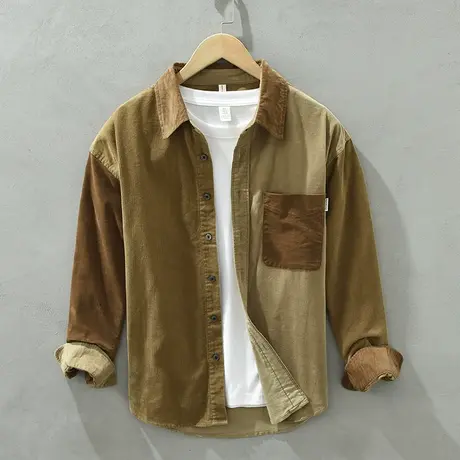 灯芯绒衬衫男春秋宽松长袖休闲衬衣条绒翻领拼接纯棉外套复古潮流商品大图