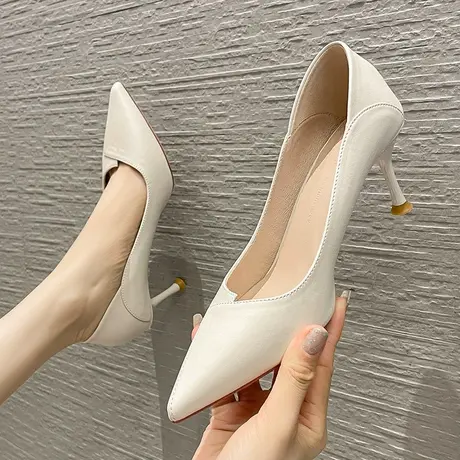 2023年春季新款尖头软皮职业单鞋女细跟性感百搭女神范浅口高跟鞋图片