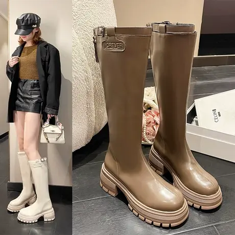 长筒靴女2023秋冬新款小个子厚底粗跟显瘦马丁靴不过膝高筒骑士靴图片