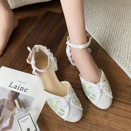 玛丽珍鞋女夏季低跟珍珠绣花一字带包头凉鞋女鞋中国风旗袍鞋单鞋商品大图