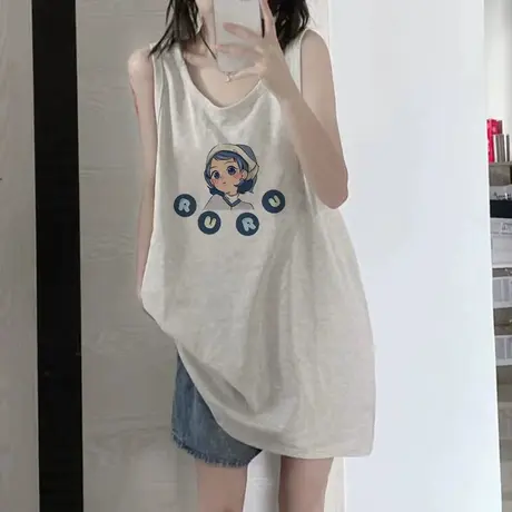 美式复古纯棉吊带坎肩运动背心无袖t恤女夏季外穿宽松蓝球服上衣图片